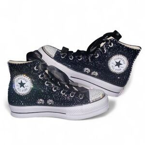 Black And White Crystal High Top Platform Converse New In Box With Ribbon Laces